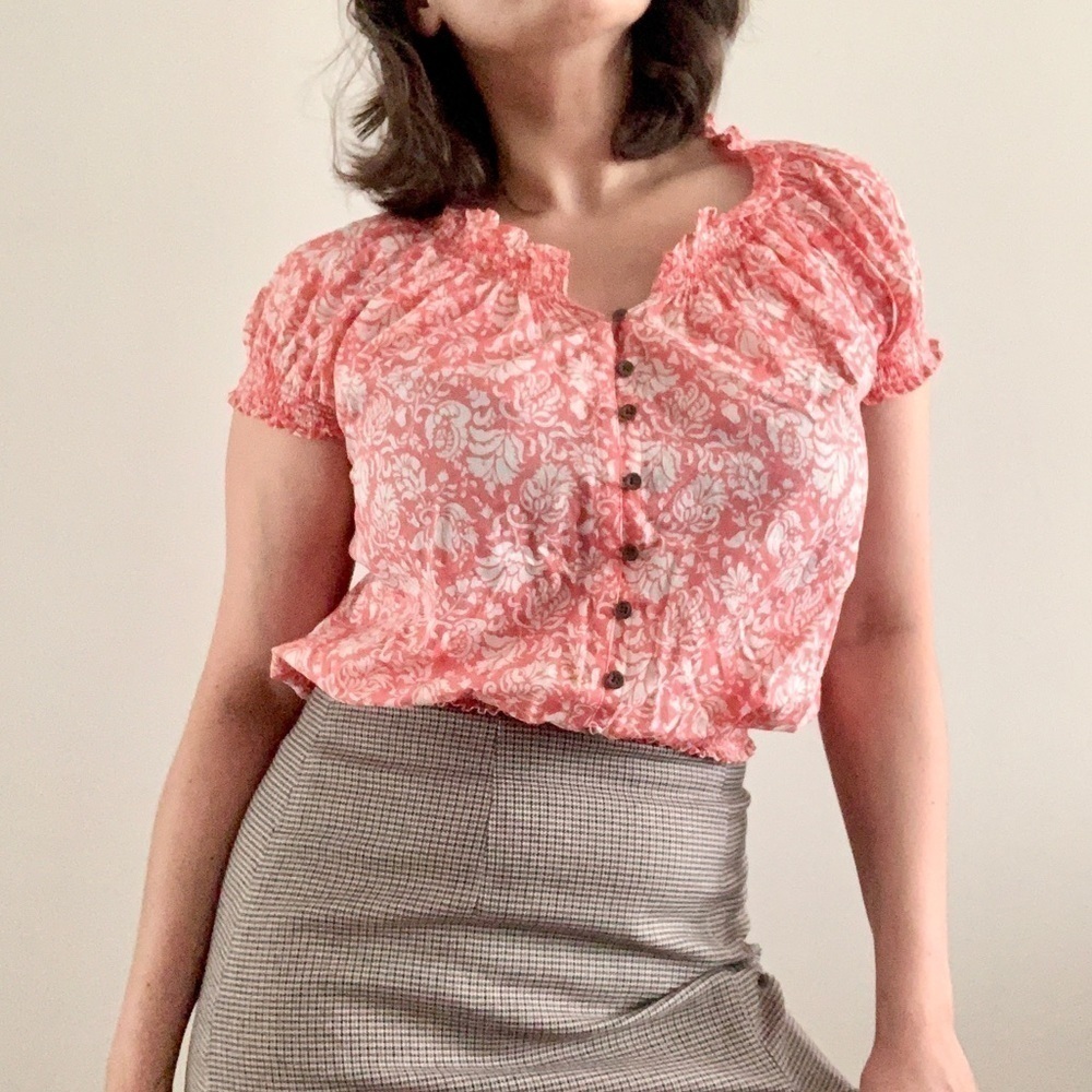 Y2K Cottage Core Boho Blouse Paisley Cotton Smocked Button Crop Top Peasant